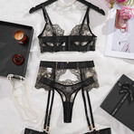 4 Piece Lace Lingerie Set Noir Elegance // Black (L)
