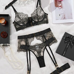4 Piece Lace Lingerie Set Noir Elegance // Black (L)
