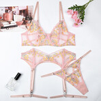 3 Piece Embroidered Lingerie Set Blooming Elegance // Pink (L)