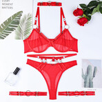 4 Piece Sheer Lingerie Set Obsession Strapped // Red (L)