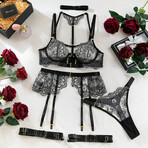 5 Piece Lingerie Set Enchanting Lace Harness // Black (L)