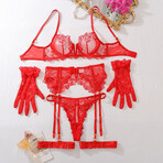4 Piece Lace Lingerie Set Midnight Bloom // Red (L)