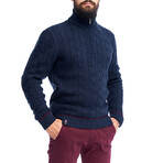 Quarte Zip Cable Knit Wool Sweater // Navy (M)