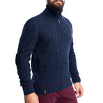 Quarte Zip Cable Knit Wool Sweater // Navy (M)