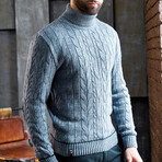 Turtleneck Solid Cable Knit Wool Sweater // Denim (L)