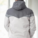 Hooded Blocked Zip Up Windbreaker // White + Light Gray + Gray (S)