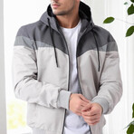 Hooded Blocked Zip Up Windbreaker // White + Light Gray + Gray (S)