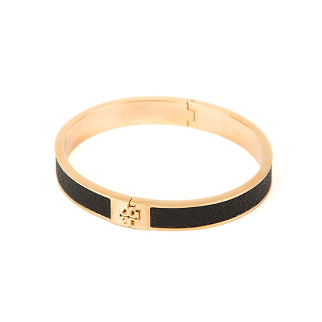 Gold & Black Slim Leather Inlay Cuff (L)