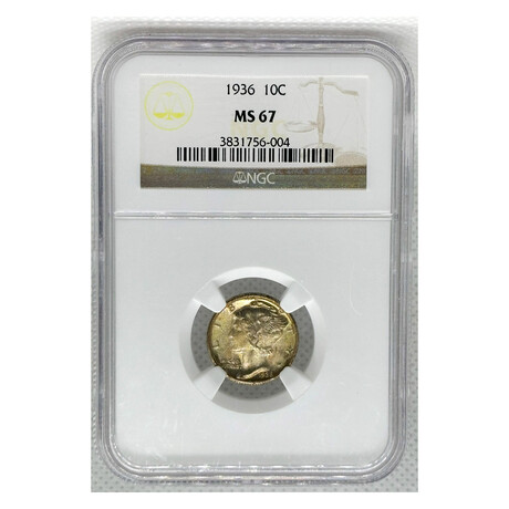 1936 P Mercury Dime TONING NGC MS 67 # 004