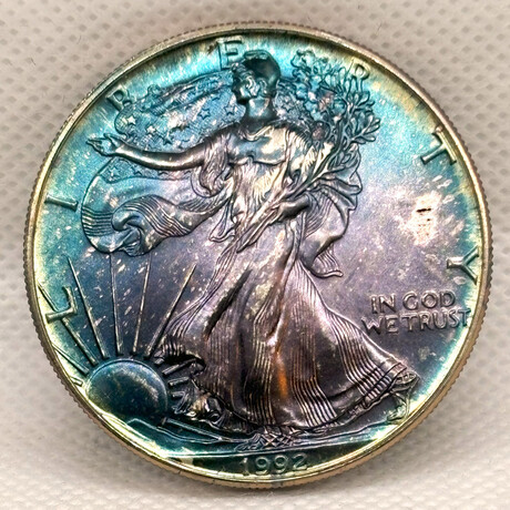 1992 Silver Eagle BU Iridium Toning