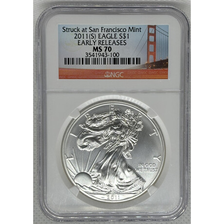 2011 S Silver Eagle Early Release NGC MS 70 Golden Gate Bridge Label front # 100