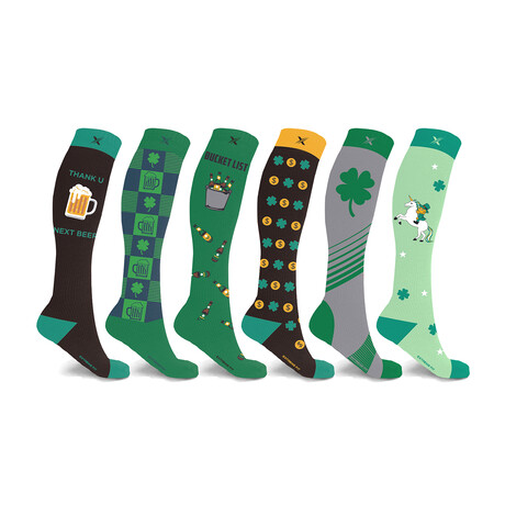 6-Pairs // St. Patrick's Day Celebration Knee-High Compression Socks // Multi Pattern (Small/Medium)