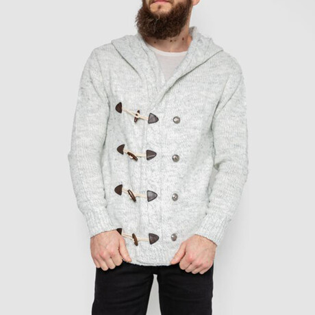 Horn Button-Up Hooded Cableknit Sweater // Light Gray (M)