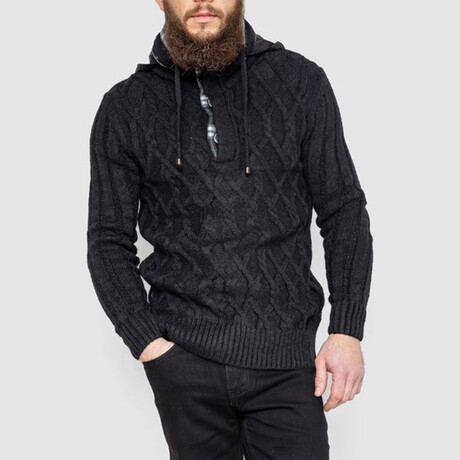 Half-Button Cableknit Hooded Sweater // Black (M)