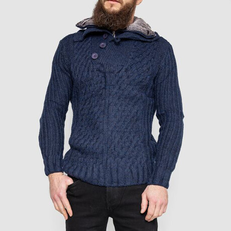 Half-Button Cableknit Sweater // Navy Blue (M)