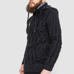 Half-Button Cableknit Hooded Sweater // Black (XL)