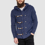 Horn Button-Up Hooded Cableknit Sweater // Blue (XL)