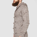 Button-Up Hooded Cableknit Sweater // Beige (M)