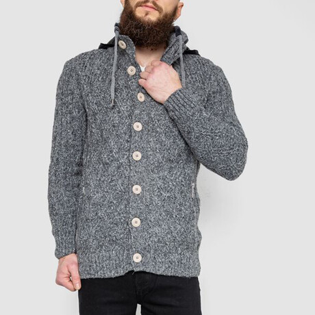 Button-Up Hooded Cableknit Sweater // Dark Gray (M)