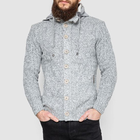 Button-Up Hooded Cableknit Sweater // Gray (M)