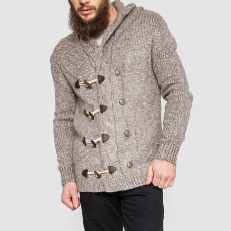 Button-Up Hooded Cableknit Sweater // Beige (M)