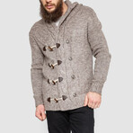 Button-Up Hooded Cableknit Sweater // Beige (M)