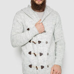Horn Button-Up Hooded Cableknit Sweater // Light Gray (L)
