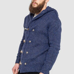 Horn Button-Up Hooded Cableknit Sweater // Blue (XL)