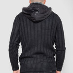 Half-Button Cableknit Hooded Sweater // Black (XL)