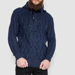 Half-Button Cableknit Hooded Sweater // Blue (XL)