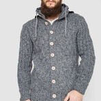 Button-Up Hooded Cableknit Sweater // Dark Gray (XL)