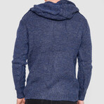 Horn Button-Up Hooded Cableknit Sweater // Blue (XL)