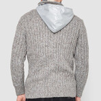 Button-Up Hooded Cableknit Sweater // Beige Melange (L)