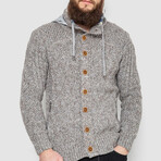 Button-Up Hooded Cableknit Sweater // Beige Melange (L)