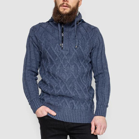 Half-Button Cableknit Hooded Sweater // Denim (M)