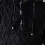 Half-Button Cableknit Hooded Sweater // Black (XL)
