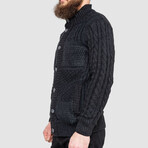 Turtleneck Button-Up Cableknit Sweater // Black (XL)