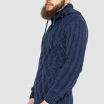 Half-Button Cableknit Hooded Sweater // Blue (XL)
