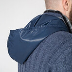 Half-Button Cableknit Hooded Sweater // Denim (M)