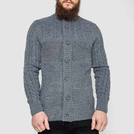 Turtleneck Button-Up Cableknit Sweater // Gray (M)