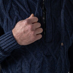 Half-Button Cableknit Hooded Sweater // Blue (XL)