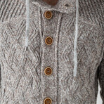 Button-Up Hooded Cableknit Sweater // Beige Melange (L)