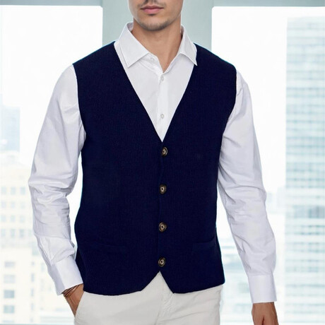 V-Neck Button Up Vest Sweater // Dark Blue (S)