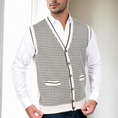 Houndstooth Patterned Knit Vest // White (S)
