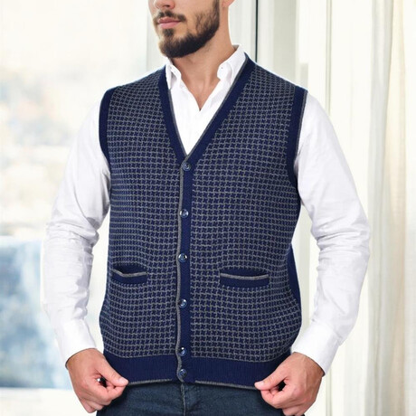 Houndstooth Patterned Knit Vest // Dark Blue (S)
