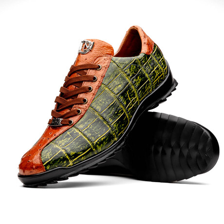 Saulo // Alligator + Ostrich Leather Sneakers // Green Cognac (US: 8)
