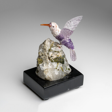 Genuine Polished Hand Carved Chevron Amethyst Hummingbird on Green Tourmaline in Quartz Matrix (4"h)