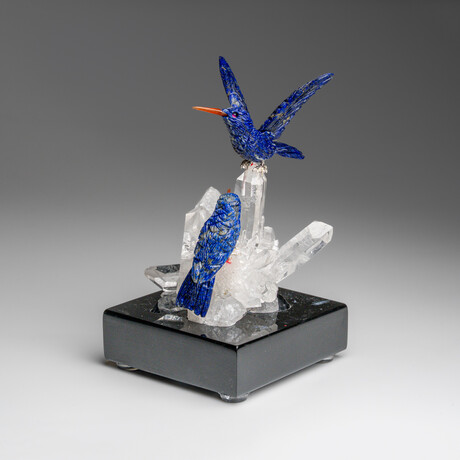 Genuine Polished Hand Carved Lapis Hummingbirds on a Clear Quartz Cluster (4.5"h)