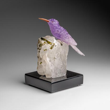 Genuine Polished Hand Carved Fluorite Hummingbird on a Green Tourmaline in Quartz Matrix (4"h)