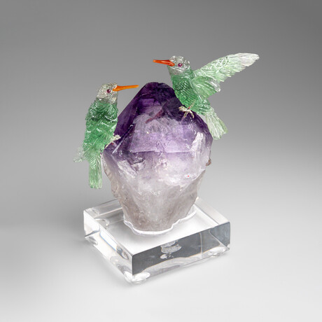 Genuine Polished Hand Carved Fluorite Hummingbirds on a Amethyst Point (4.5"h)